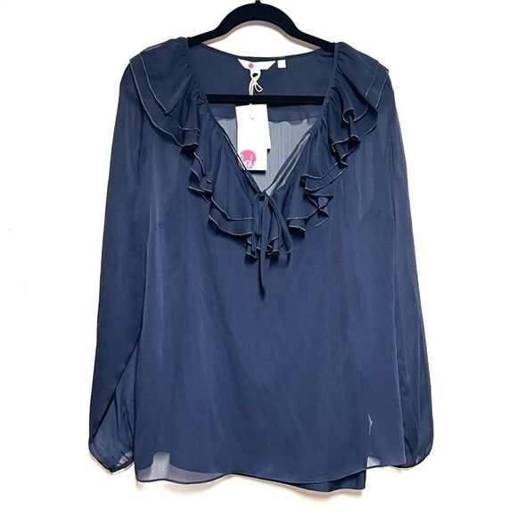 NWT Boden Navy Ruffled Lined Long Sleeve Top Blouse Womens Sz 16 - Picture 1 of 6
